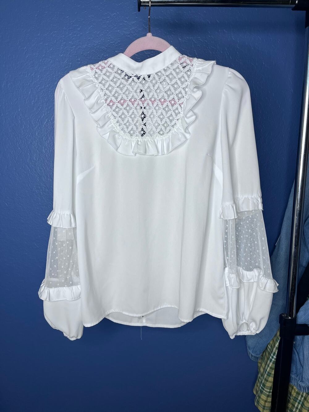 River Island White Mock Neck Lace Ruffle Sheer Sleeve Blouse US 8